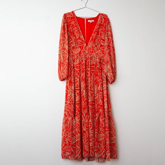 TOCCIN X RTR V-Neck Red and Orange Printed Maxi Dress - Size 12 - Picture 2 of 9